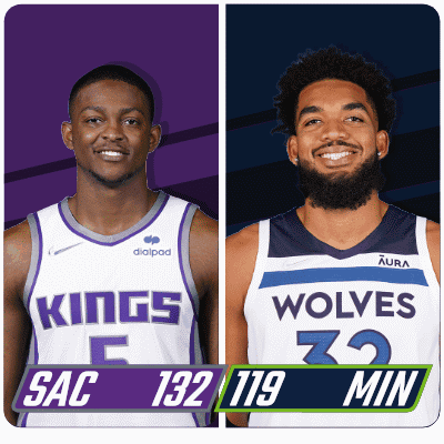 Two Basketball Players From The Kings And Wolves Are Standing Next To Each Other GIF