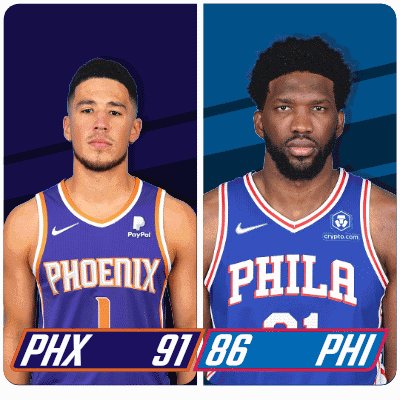 Two Basketball Players From The Phoenix And Philadelphia Teams Pose For A Picture GIF