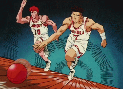 Two Basketball Players From The Shohoku Team Are Running With A Ball GIF