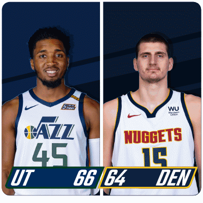 Two Basketball Players From The Utah Jazz And The Denver Nuggets Are Standing Next To Each Other GIF