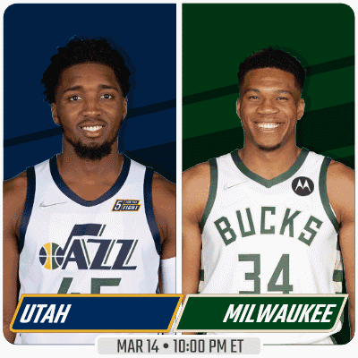 Two Basketball Players From The Utah Jazz And The Milwaukee Bucks Are Standing Next To Each Other GIF