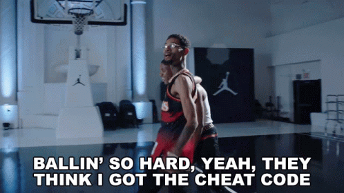 Two Basketball Players On A Court With The Words Ballin ' So Hard Yeah They Think I Got The Cheat Code Below Them GIF