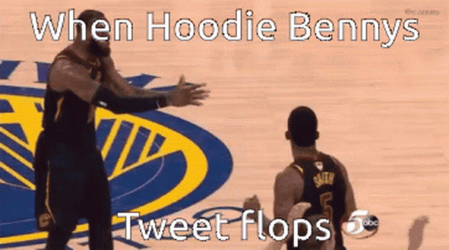 Two Basketball Players On A Court With The Words " When Hoodie Bennys Tweet Flops " On The Bottom GIF