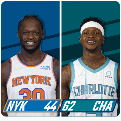 Two Basketball Players One From The New York Knicks And One From The Charlotte Hornets GIF