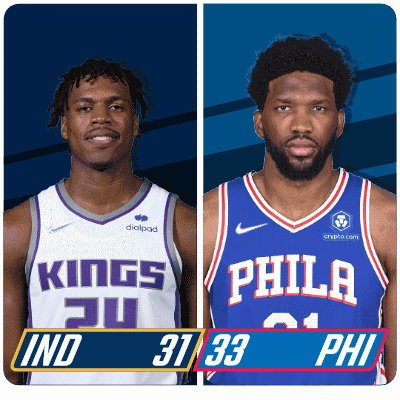 Two Basketball Players Wearing Kings And Philadelphia Jerseys GIF