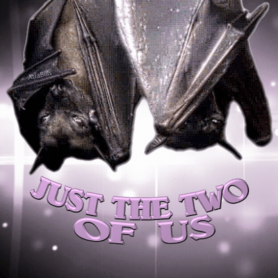 Two Bats Are Hanging Upside Down And The Words Just The Two Of Us Are Below Them GIF