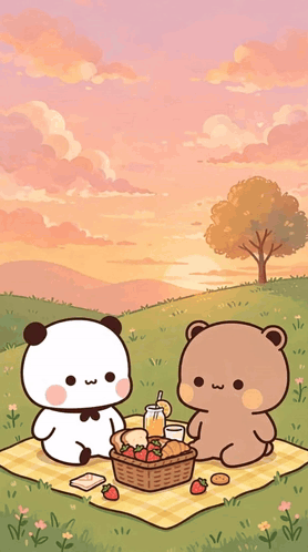 Two Bears Picnicking With Strawberries GIF
