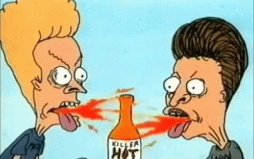 Two Beavis And Butthead Cartoon Characters Drinking Hot Sauce From A Killer Hot Bottle GIF