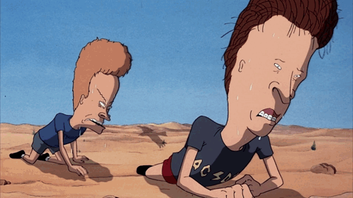two beavis and butthead characters are doing push ups in the sand