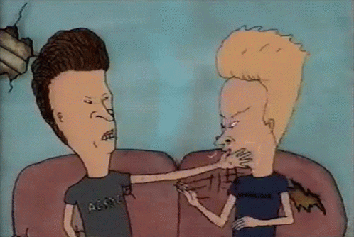 Two Beavis And Butthead Characters Are Sitting On A Couch And One Is Pointing At The Other GIF
