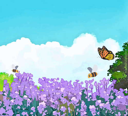 two bees and a butterfly are flying over purple flowers