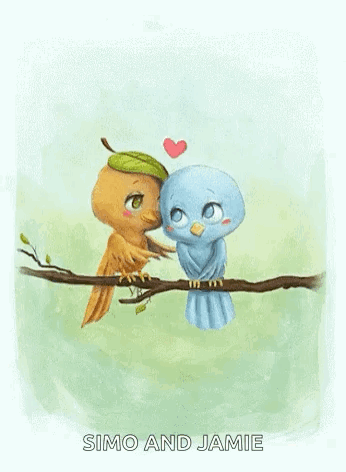 Two Birds Are Kissing On A Tree Branch And The Words Simo And Jamie Are Below Them GIF