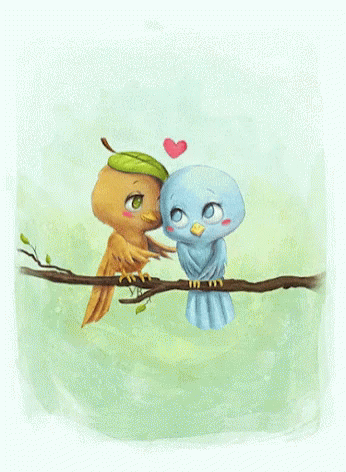 Two Birds Are Sitting On A Branch And One Has A Green Leaf On Its Head GIF