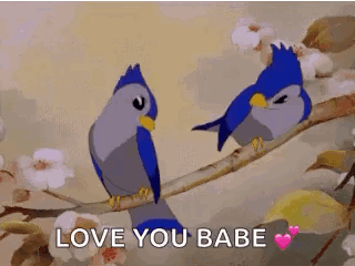 Two Birds Are Sitting On A Tree Branch With The Words `` Love You Babe '' Written Below Them . GIF