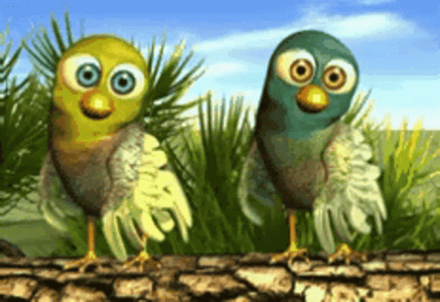 Two Birds Are Standing Next To Each Other On A Stone Wall GIF