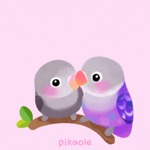 Two Birds Kissing Under A Pink Heart With The Word Pikaole Below GIF