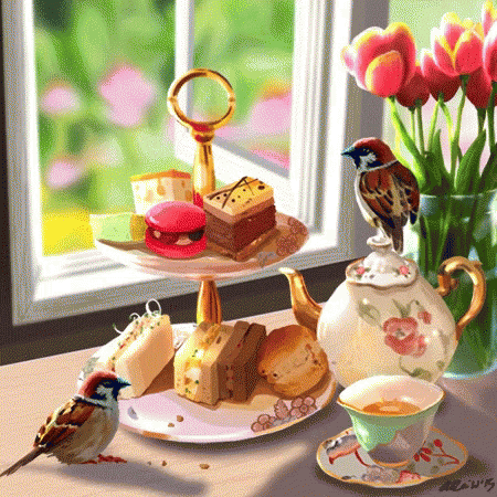 Two Birds Sitting Beside Tea Set GIF