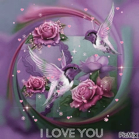 Two Birds Surrounded by Purple Roses I Love You