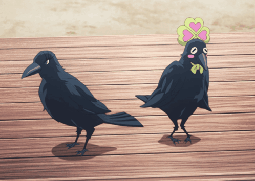 Two Black Birds Standing On Wooden Floor GIF