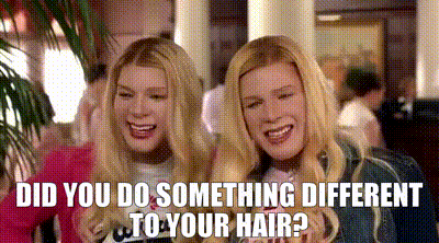 Two Blonde Women Are Sitting Next To Each Other And One Of Them Is Asking The Other If They Did Something Different To T GIF