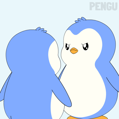 two blue and white penguins standing next to each other with the word pengu behind them