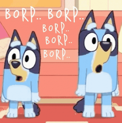 Two Blue Cartoon Dogs Are Standing Next To Each Other With The Words " Bord " Written In White GIF