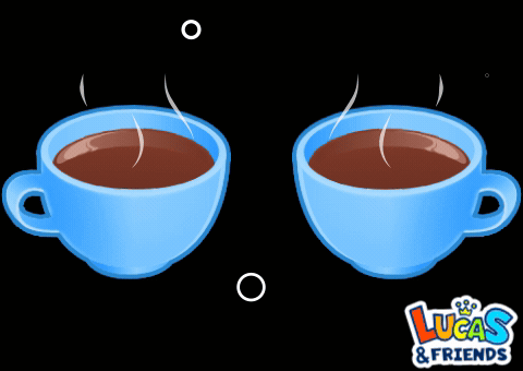 Two Blue Cups Of Coffee With Lucas & Friends Written Below Them GIF