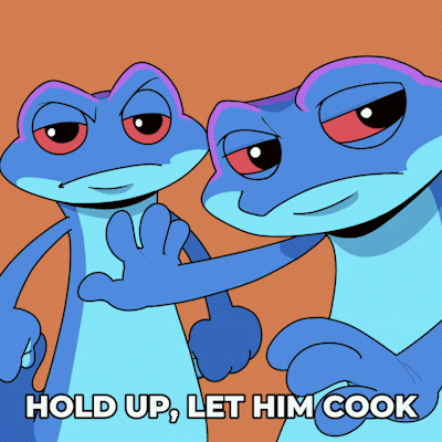 Two Blue Frogs Are Standing Next To Each Other With The Words Hold Up Let Him Cook Below Them GIF