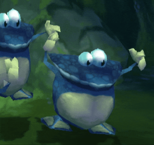 Two Blue Frogs Waving in Video Game