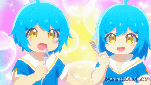 Two Blue Haired Anime Characters Holding Forks With The Words Anime Dub Center Written Below Them GIF