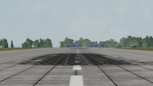 Two Blue Jets Are On A Runway With A White Line GIF