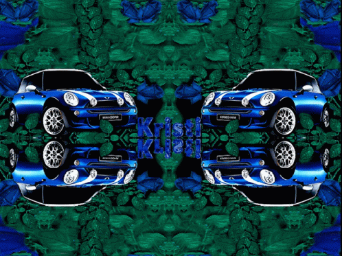 Two Blue Mini Cooper Cars Are Surrounded By Green Leaves GIF