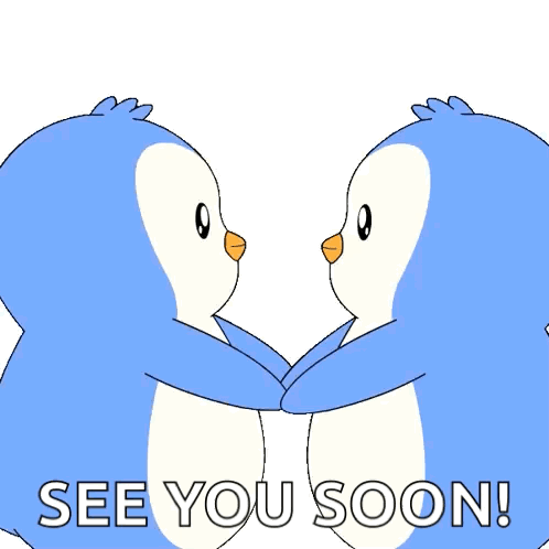 Two Blue Penguins Hugging Each Other With The Words " See You Soon " On The Bottom GIF