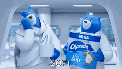 Two Blue Teddy Bears Holding Rolls Of Charmin Ultra Soft Toilet Paper GIF