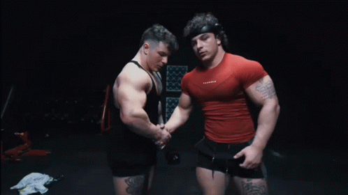 Two Bodybuilders Shaking Hands Red Shirt Xtreme GIF