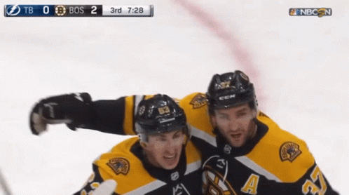Two Boston Bruins Hockey Players Are Celebrating A Goal Against The Lightning GIF