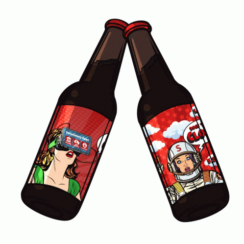 Two Bottles Of Beer One With A Woman Wearing A Virtual Reality Headset And The Other With An Astronaut On The Label GIF