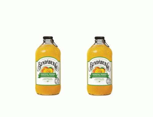 Two Bottles Of Bundaberg Tropical Mango Sitting Next To Each Other On A White Background GIF