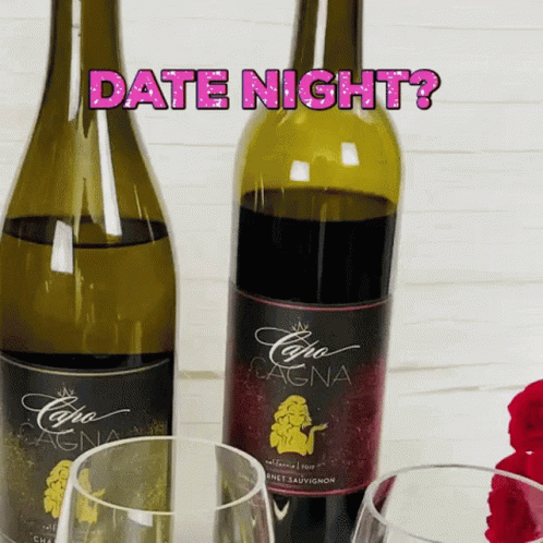 Two Bottles Of Wine And Two Glasses With The Words Date Night In Pink Letters GIF