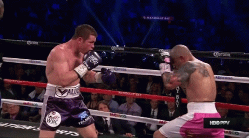 two boxers are fighting in a boxing ring and one of them is wearing purple shorts that say value