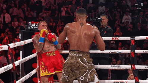 Two Boxers Are Fighting In A Boxing Ring While A Cameraman Takes A Picture . GIF