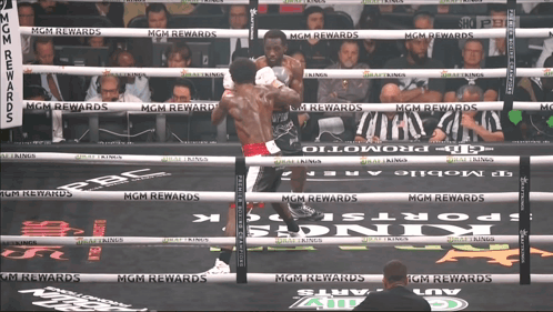 Two Boxers Are Fighting In A Boxing Ring With Mgm Rewards Written On The Ropes GIF