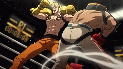 Two Boxers Are Fighting In A Ring With A Timer That Reads R1 00 : 05 : 98 GIF