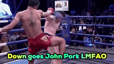 Two Boxers In A Ring With The Words Down Goes John Pork Lmfao Above Them GIF