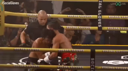 Two Boxers in Ring With Social Gloves on Ropes