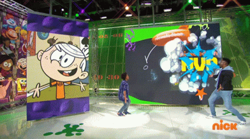 Two Boys Are Dancing In Front Of A Nickelodeon Advertisement GIF