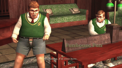 Two Boys Are Standing In Front Of A Table With The Words Funhouse Fun On It GIF