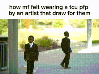 two boys in suits are walking down a sidewalk with a caption that says how mf felt wearing a tcu pfp