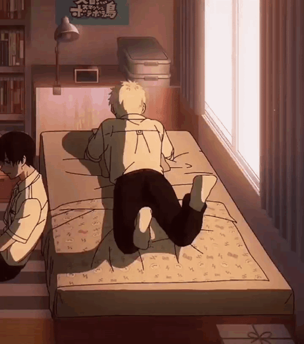 Two Boys Lying on Bed with Tokyo Ghoul Sign