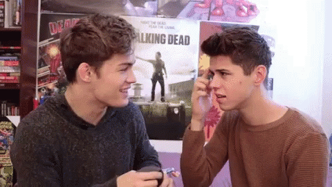 Two Boys Sitting In Front Of Walking Dead Poster GIF